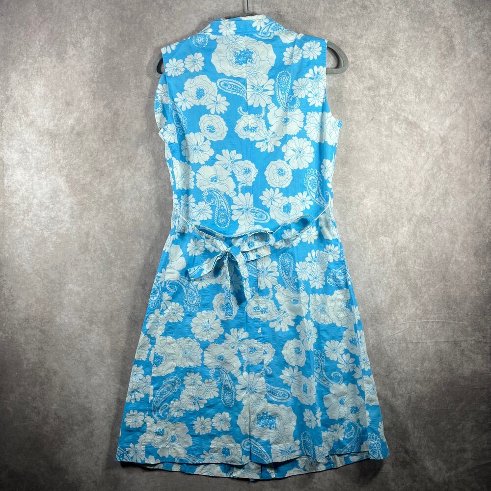 Vintage Dash-Abou Shirt Dress Women 14 Blue White Floral 50s 60s Beachy Vacation